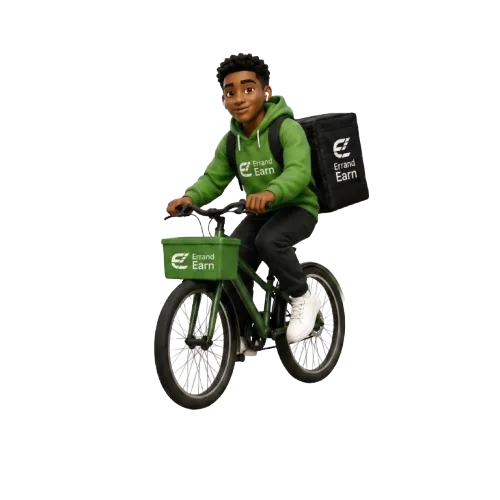 Illustration: a student runner on a bicycle with an Errandearn delivery bag.