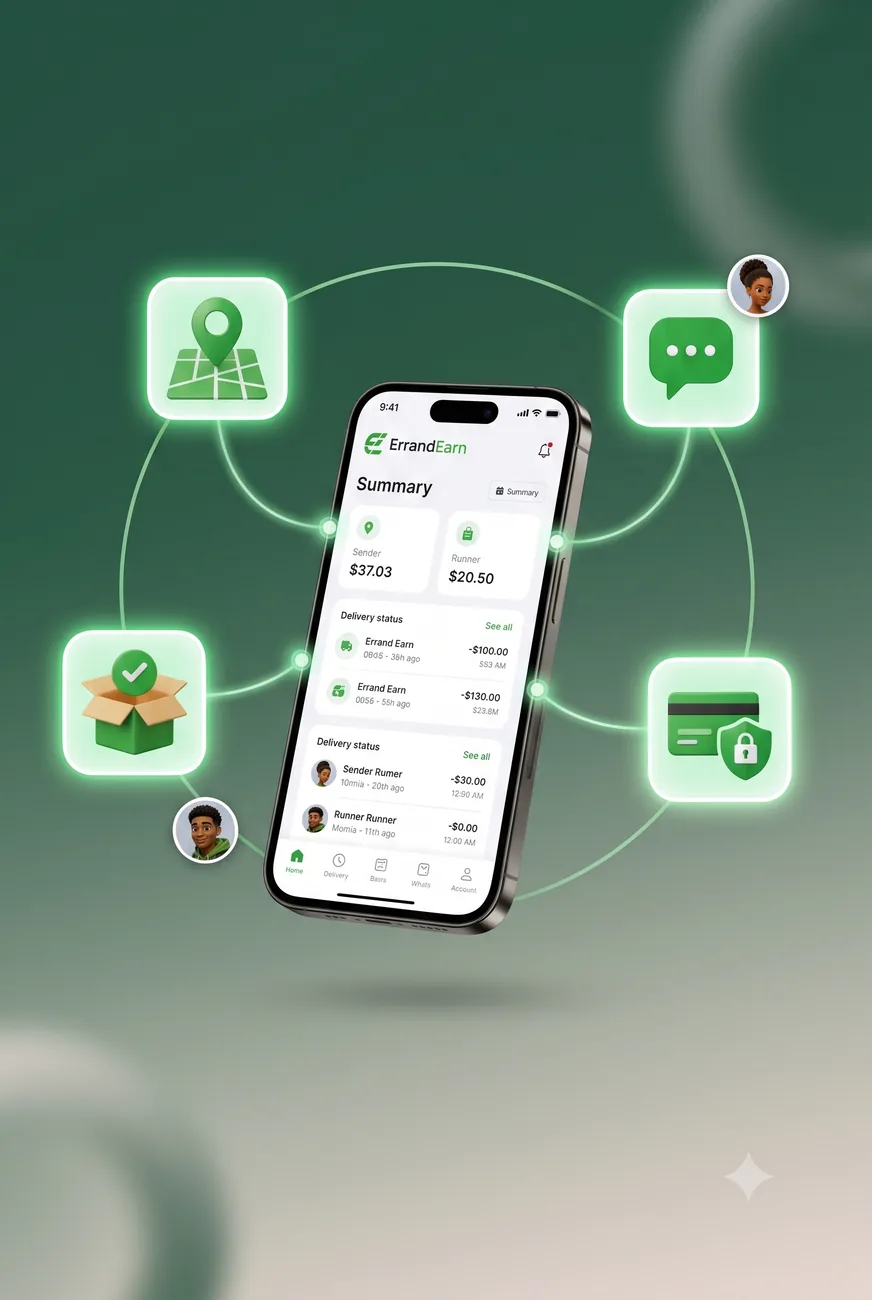 Illustration: the Errandearn app on a phone, surrounded by its features: tracking, chat, secure payment and delivery.